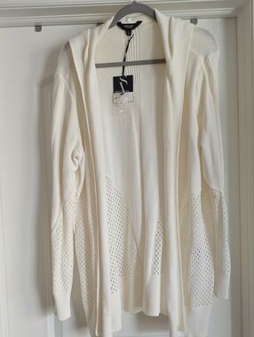 NWT Simply Vera XL Vera Wang Cream Hooded Open-Front Knit Cardigan Mesh Panels